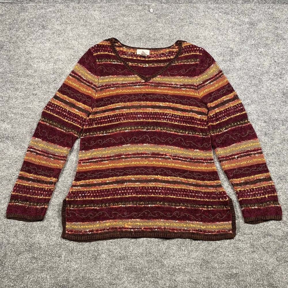 Avenue Womens Plus 14/16 Striped V-Neck Sweater Burgundy Orange Textured Knit‎